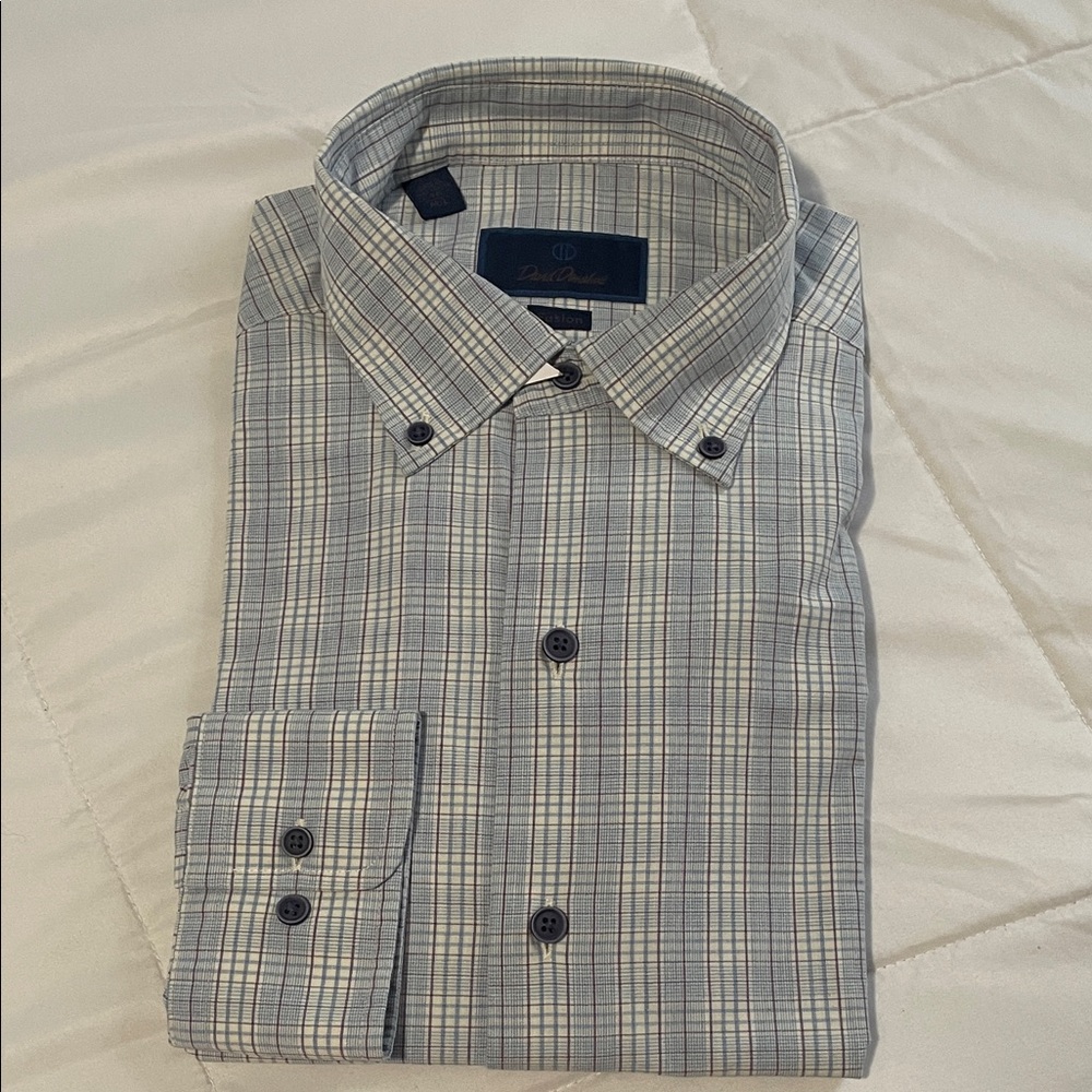David Donahue Fusion 100% cotton. Gray and Blue Plaid Shirt. New. Size 16 M/L